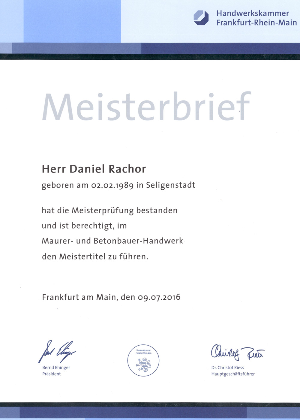 Meisterbrief Daniel Rachor
