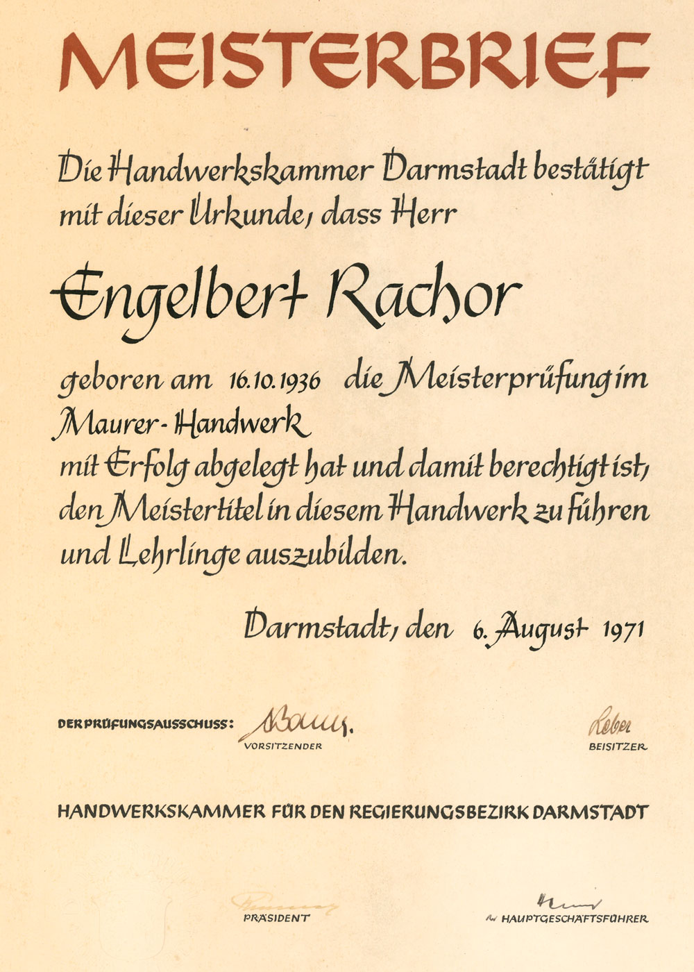 Meisterbrief Engelbert Rachor