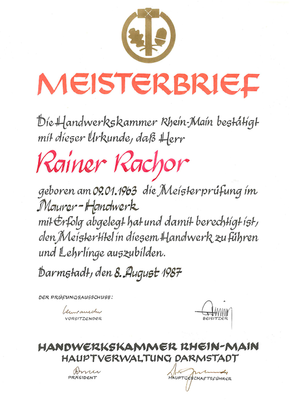 Meisterbrief Rainer Rachor
